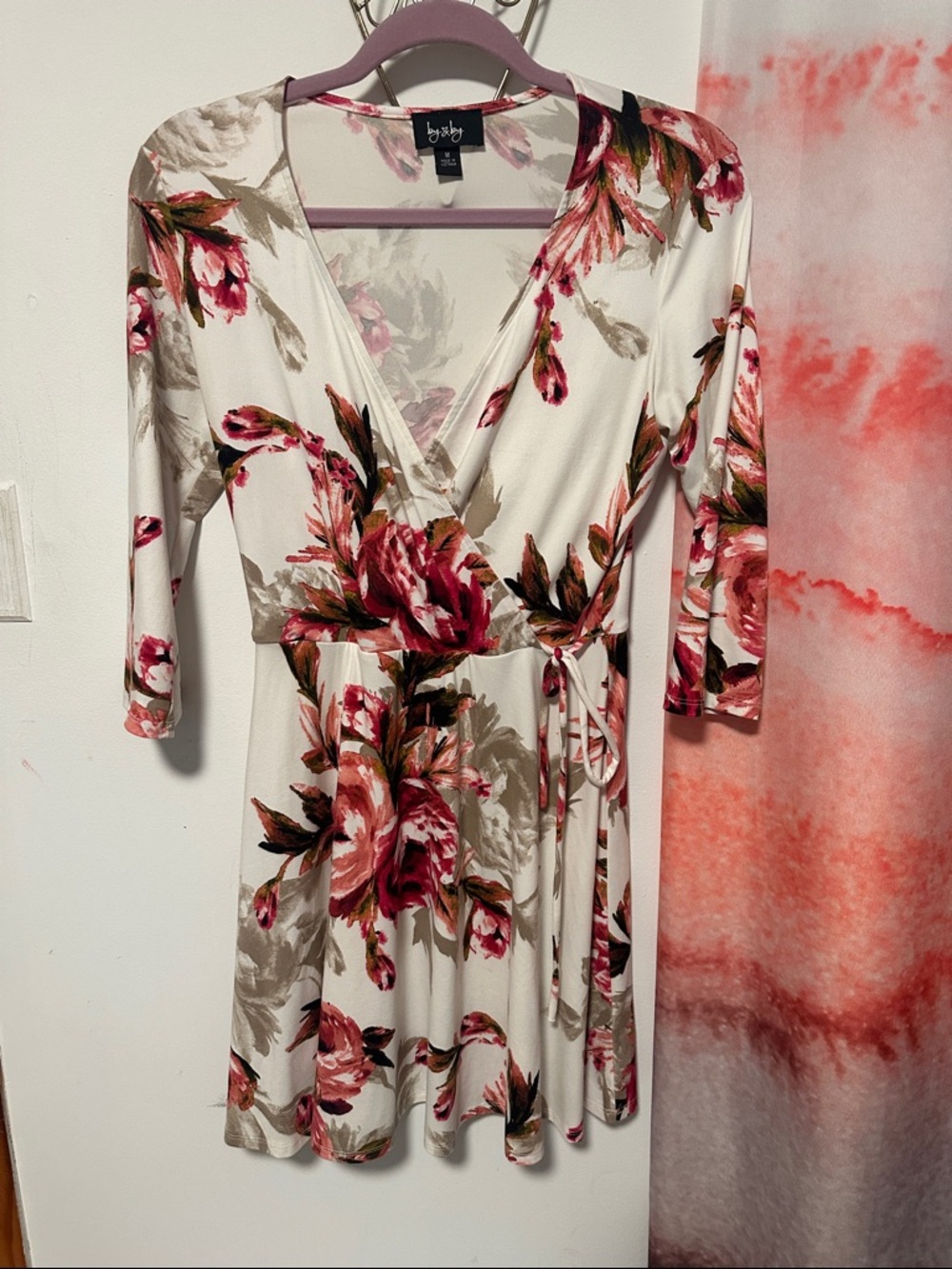 by & by Cream Mini Wrap Dress with Pink Floral Print